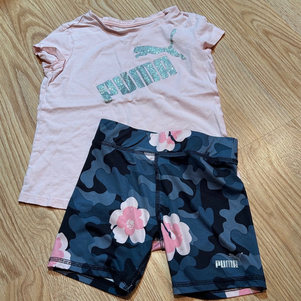 Puma Girls 2 Piece Set Pink Glitter Logo Tee Camo Floral Bike Shorts Size 6